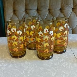 Set of 4 Vintage 1970s Amber Floral Tumblers